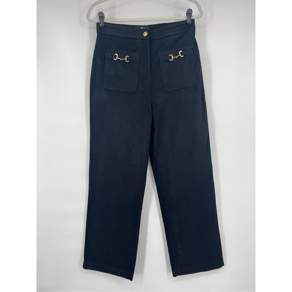 7 For All Mankind Wide Leg Black Pants Gold Horse Bit Hardware High Rise Size 6